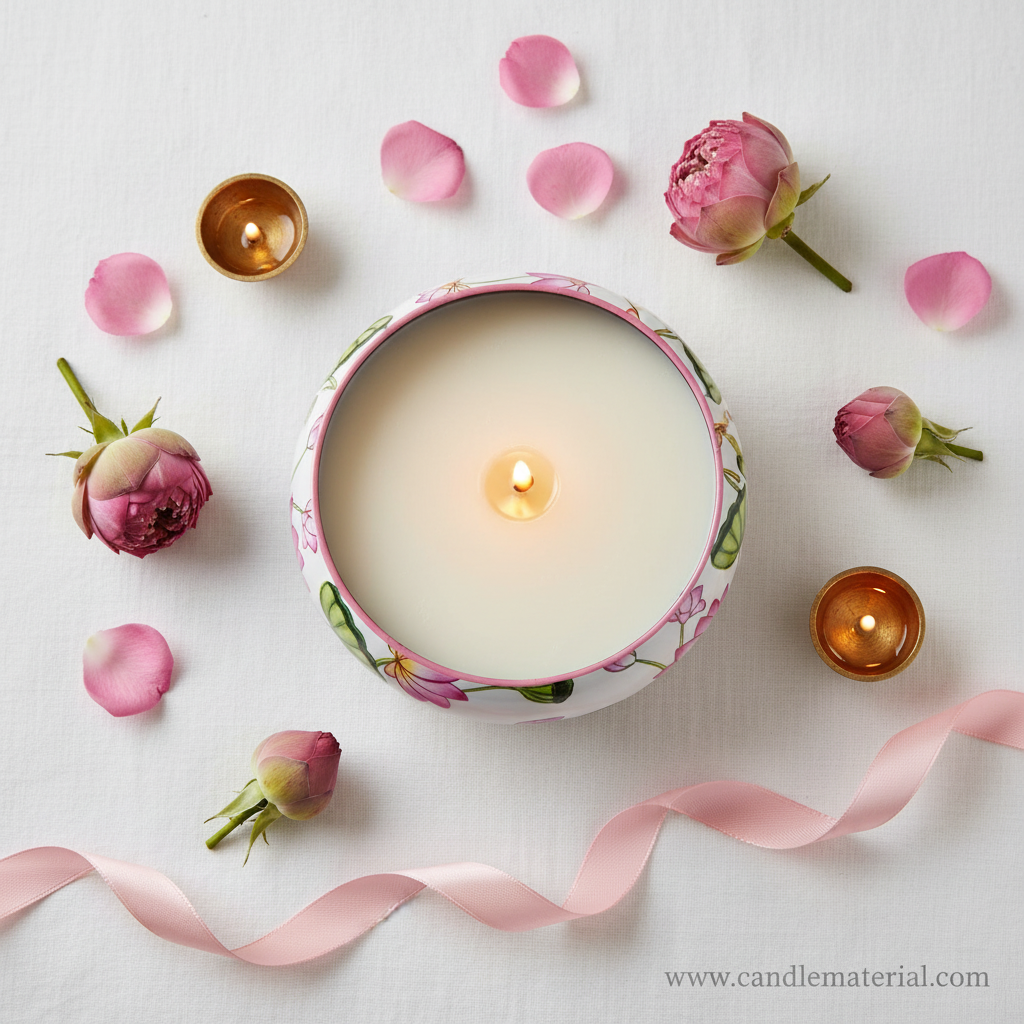 Flat lay of pink lotus candle bowl with rose petals and pink ribbon