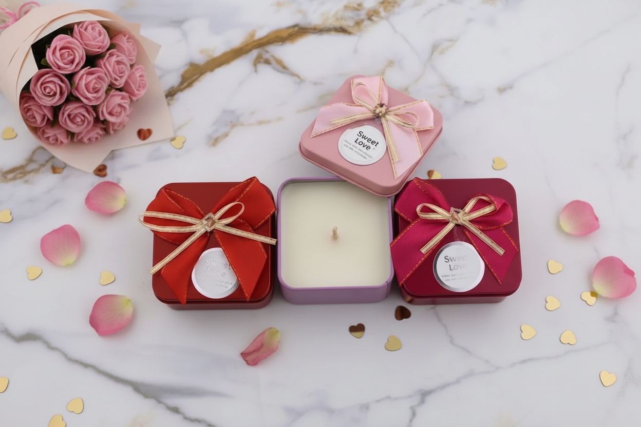 Sweet Love ribbon bow candle tins Valentine's gift set with fresh roses and gold confetti hearts