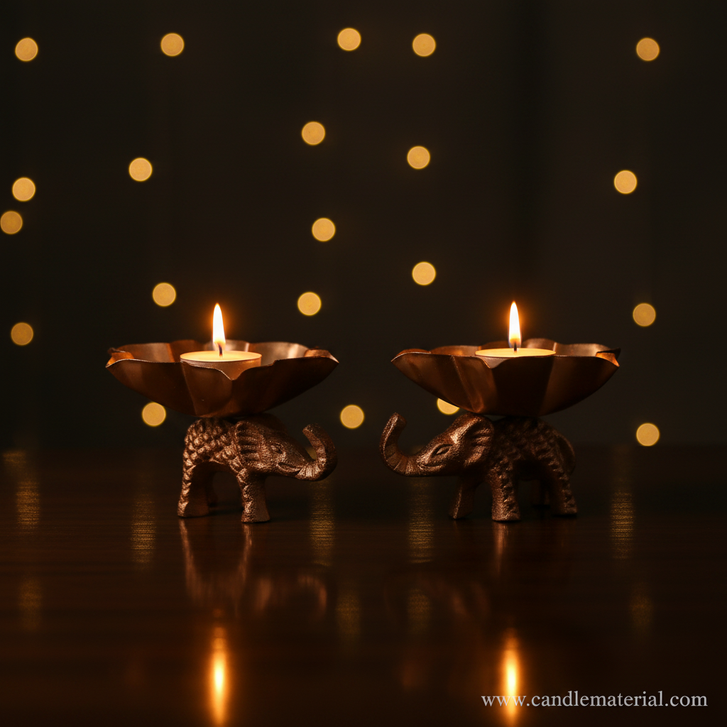 Elephant lotus diya holders with lit candles, dark moody background with bokeh