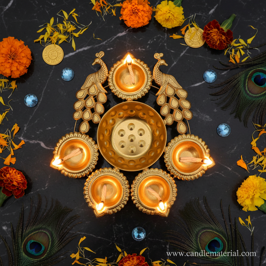 Overhead flat lay of gold twin peacock diya urli with lit diyas on dark marble with peacock feathers and gems