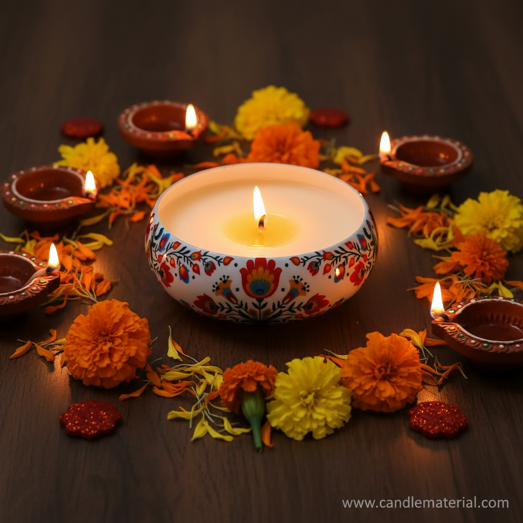 Folk floral candle bowl in festive Diwali setup with marigolds and diyas