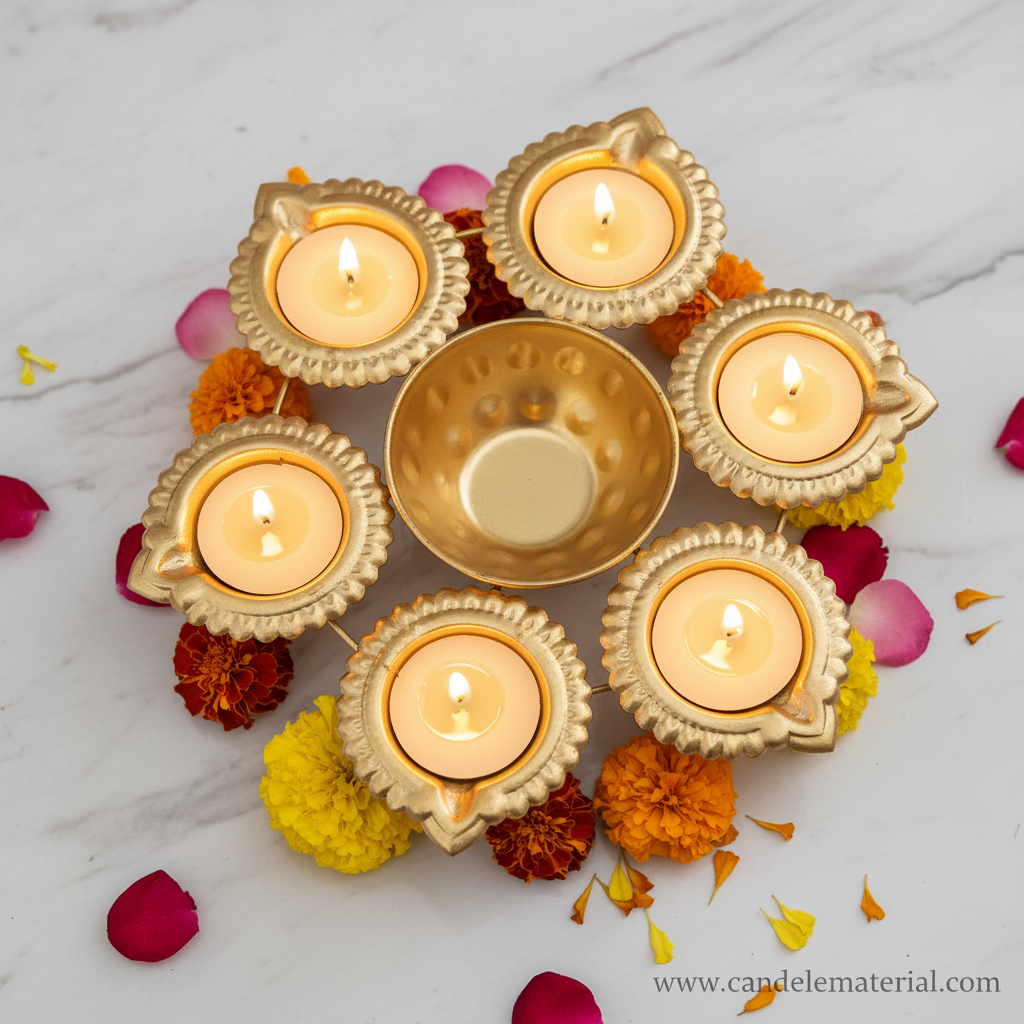 Gold 6-diya urli with lit tealight candles on marble surface with marigold flowers