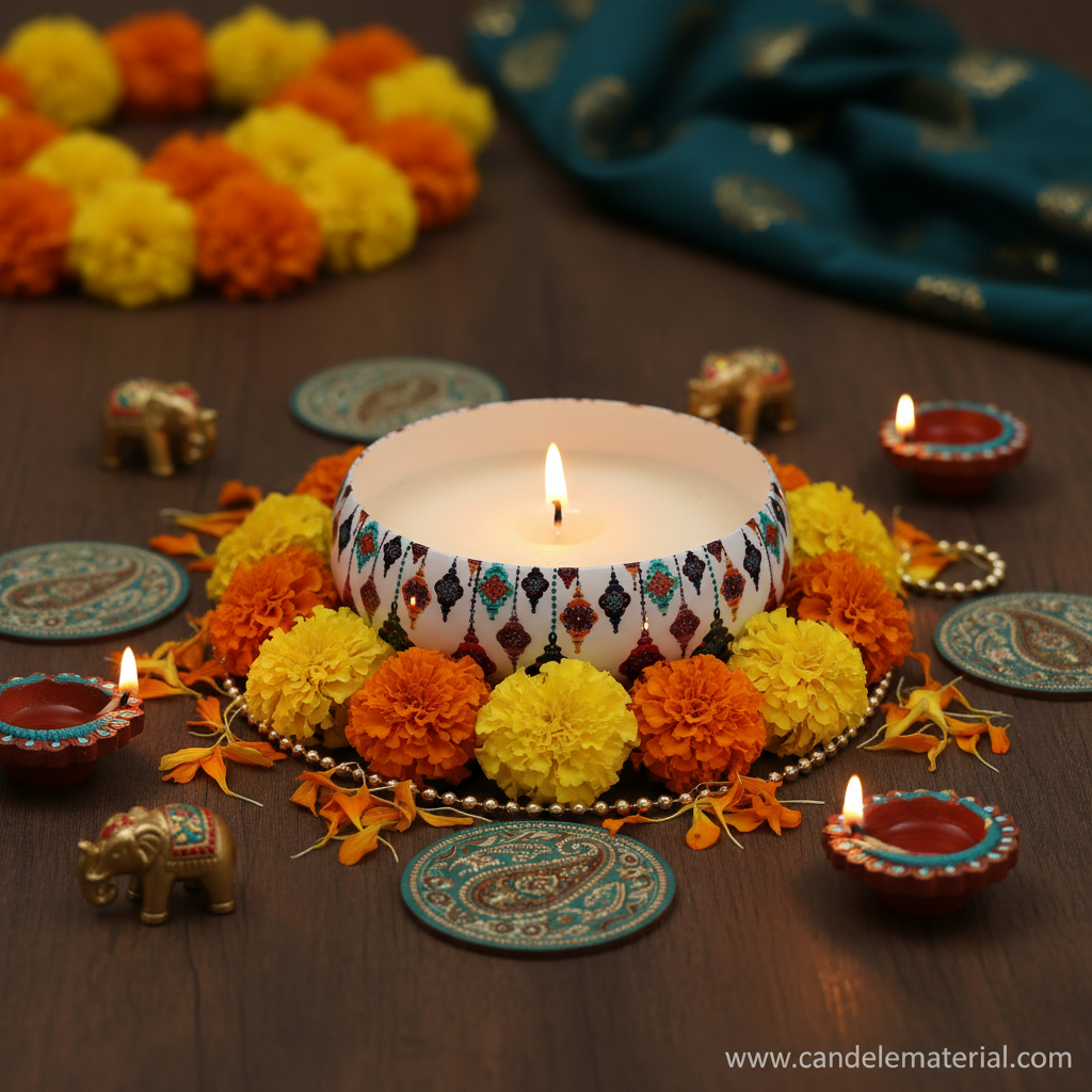 Moroccan candle bowl in festive Diwali setup with marigolds and diyas