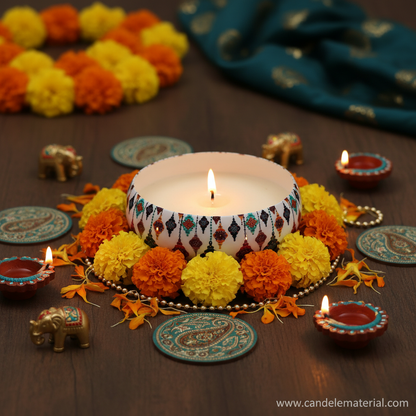 Moroccan candle bowl in festive Diwali setup with marigolds and diyas