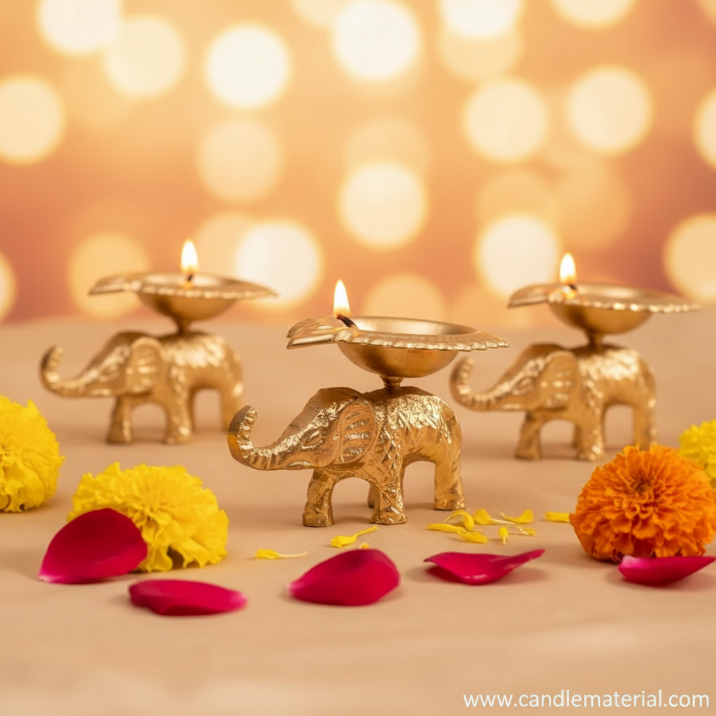 Three brass elephant diyas arranged as gift set with marigolds