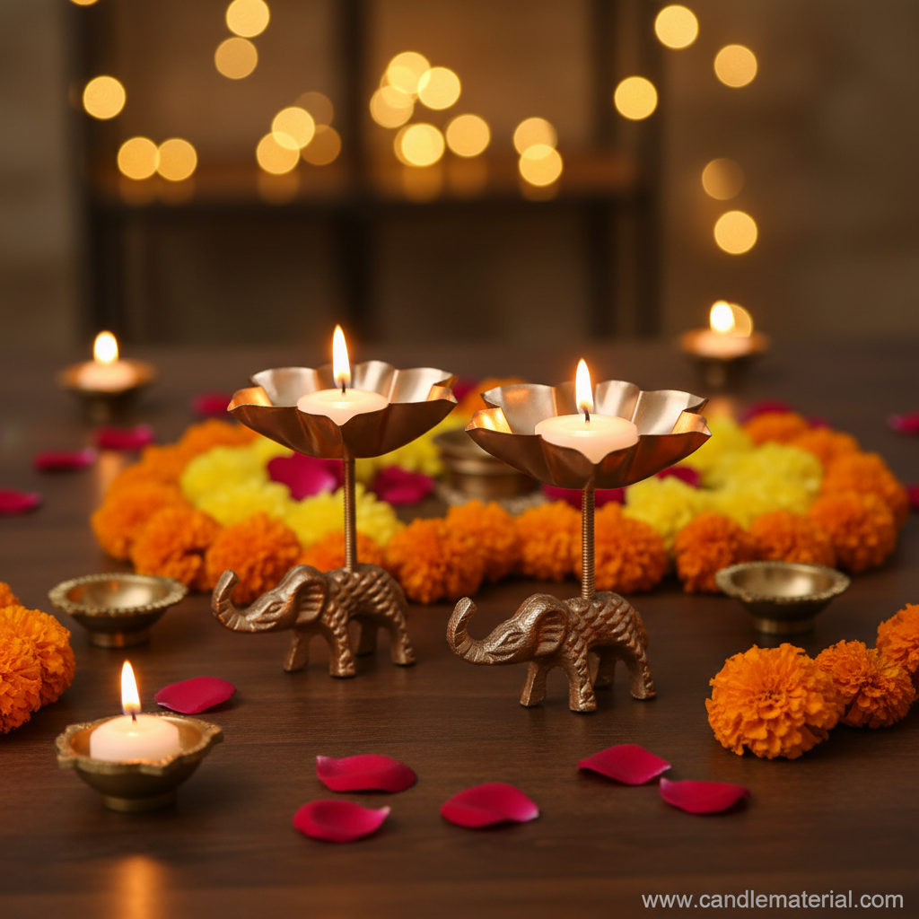 Elephant tall stem lotus diya holders in festive Diwali setup with marigold garlands