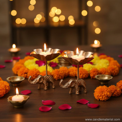 Elephant tall stem lotus diya holders in festive Diwali setup with marigold garlands