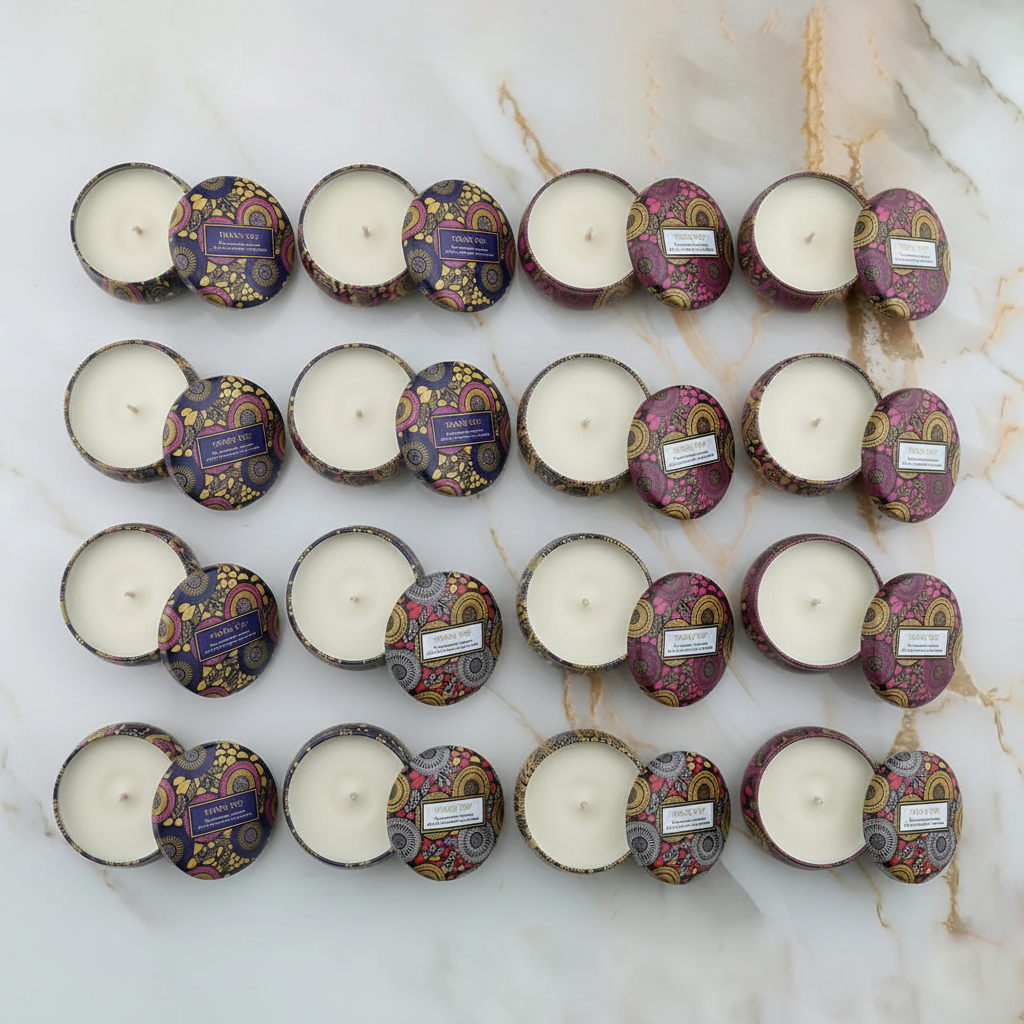 Thank You candle tins flat lay on white marble with gold leaf accents