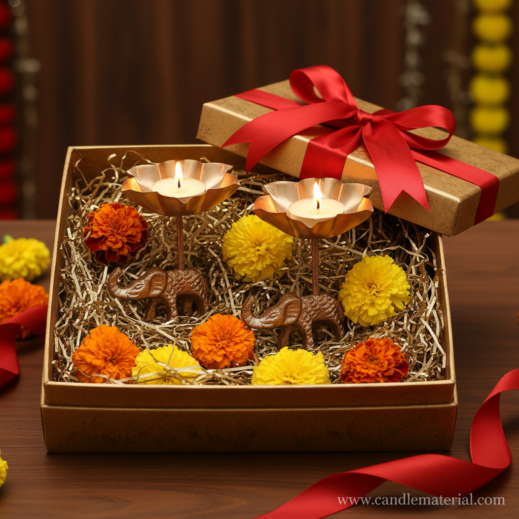 Elephant tall stem lotus diya holders in luxury gift box packaging