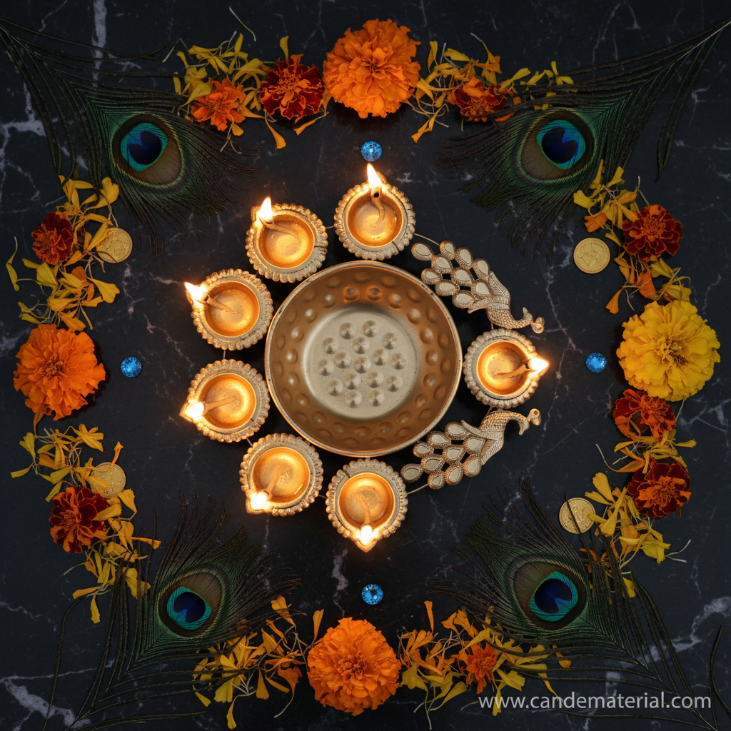 Overhead flat lay of gold peacock diya urli with lit diyas on dark marble with peacock feathers and gems