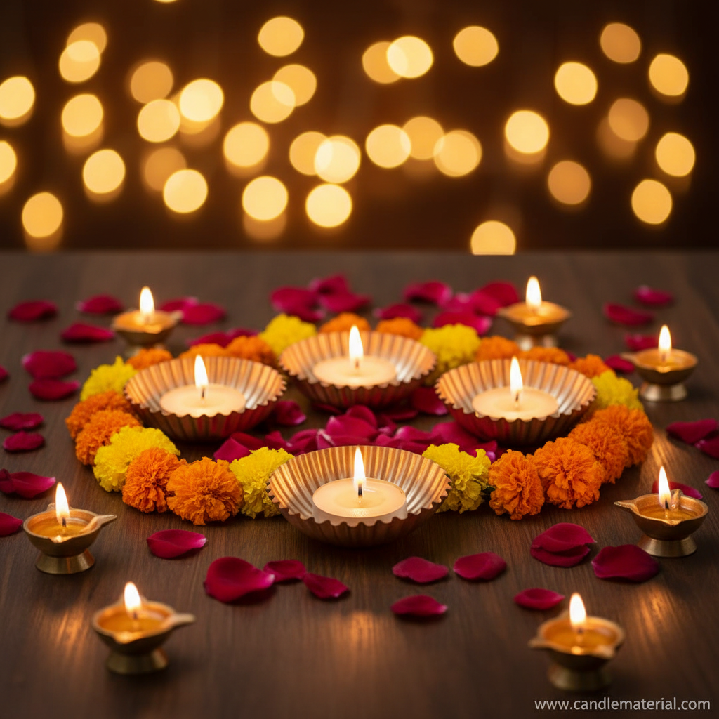 Copper gold diya bowls in festive Diwali setup with marigold garlands