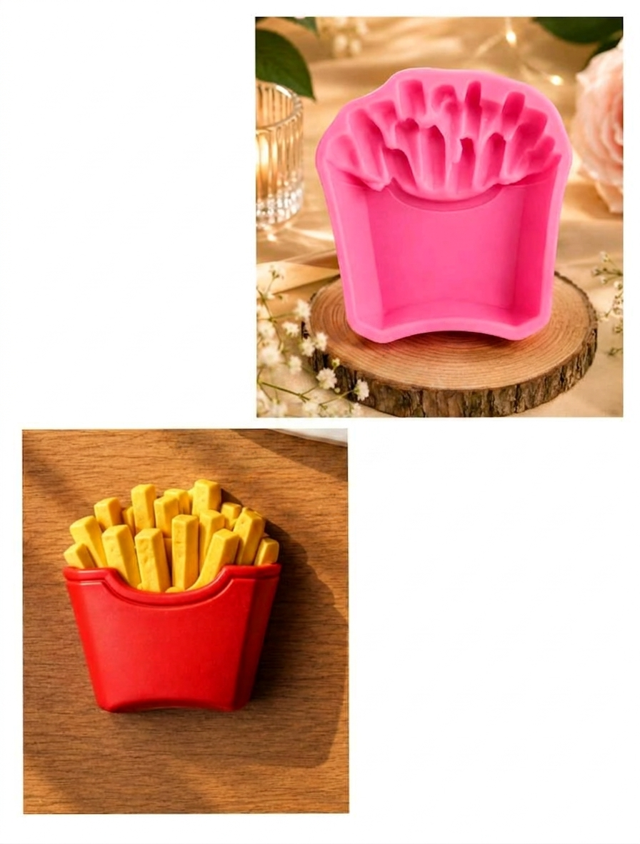 French Fries Silicone Mold by Bloom Creations – pink 3D mold and finished red resin french fry box