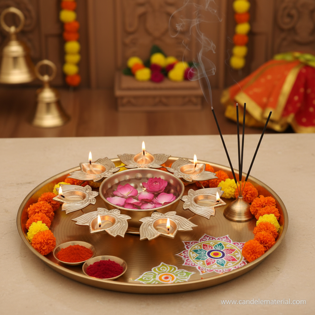 Gold lotus diya urli on pooja thali with floating pink lotus flowers, marigold garland and incense