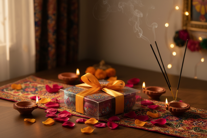 Mandala candle tins Diwali gift set with diyas and rose petals