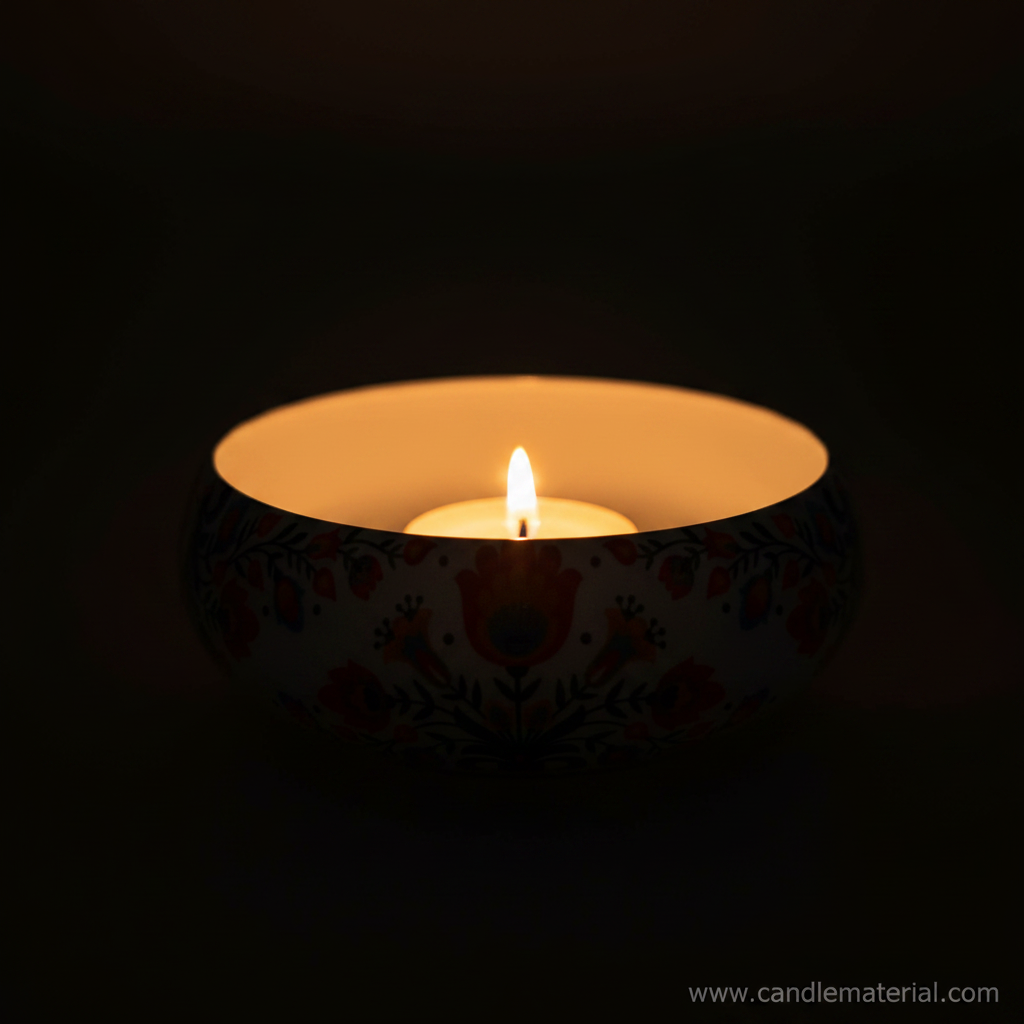 Folk floral candle bowl with lit candle, dark moody background