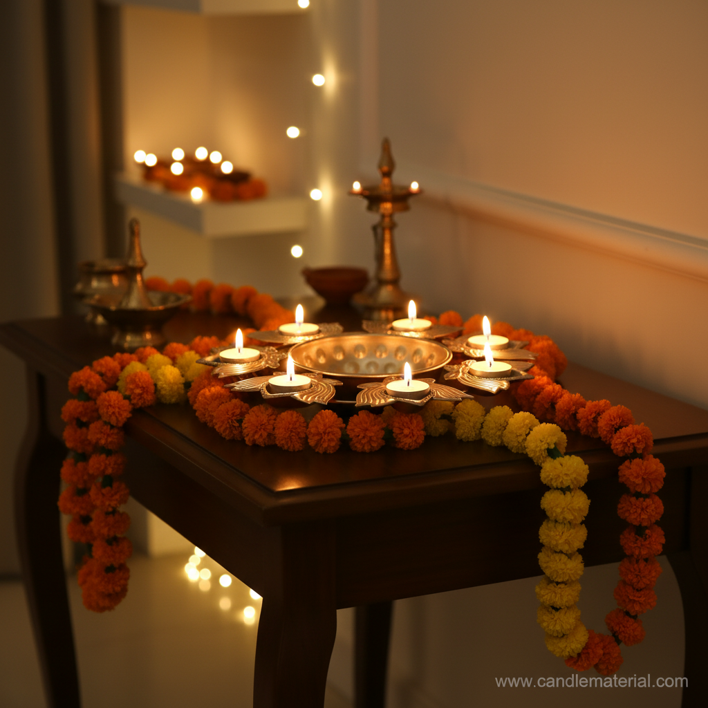 Gold lotus diya urli with 8 glowing lotus diyas on console table in festive Indian home interior