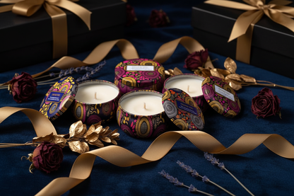Thank You candle tins luxury gift set on dark velvet with dried flowers and ribbon