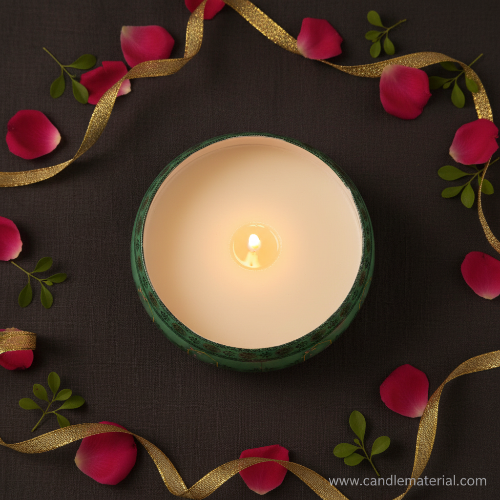 Flat lay of Mughal green candle bowl with rose petals and gold ribbon