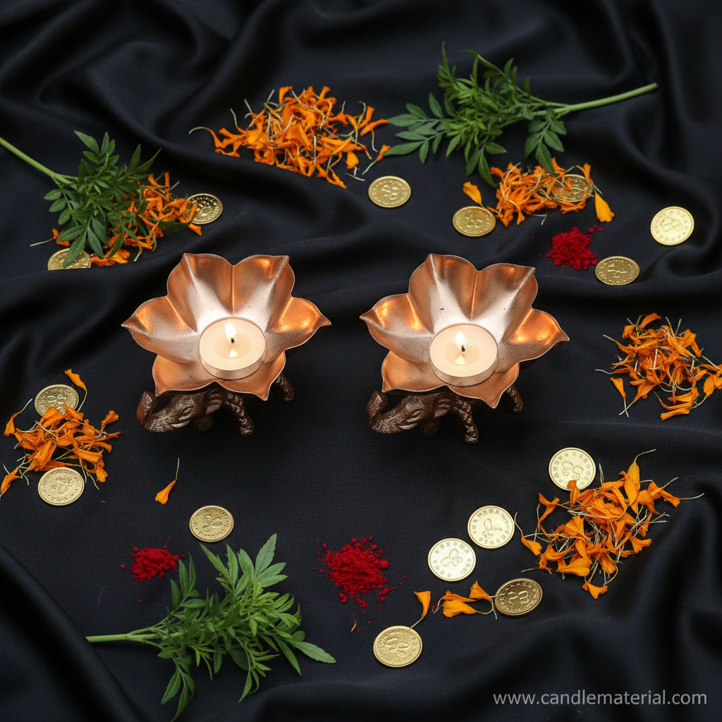 Flat lay of elephant lotus diya holders with puja styling and gold coins