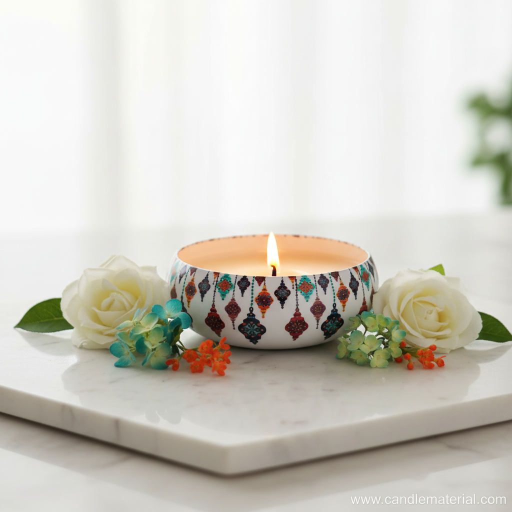 Moroccan lantern candle bowl with lit candle on marble surface with flowers