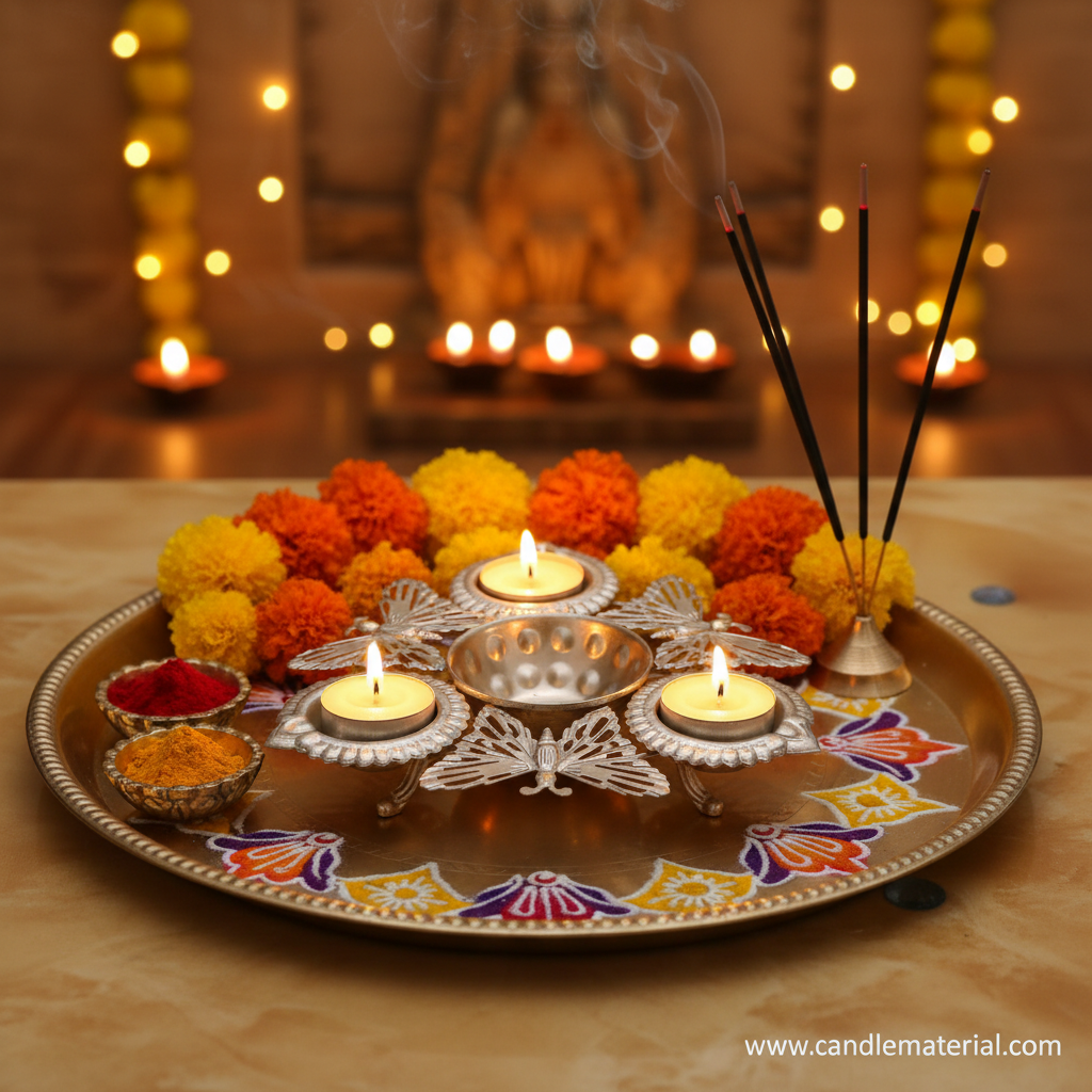 Silver butterfly diya set on brass pooja thali with marigold garland, incense and rangoli