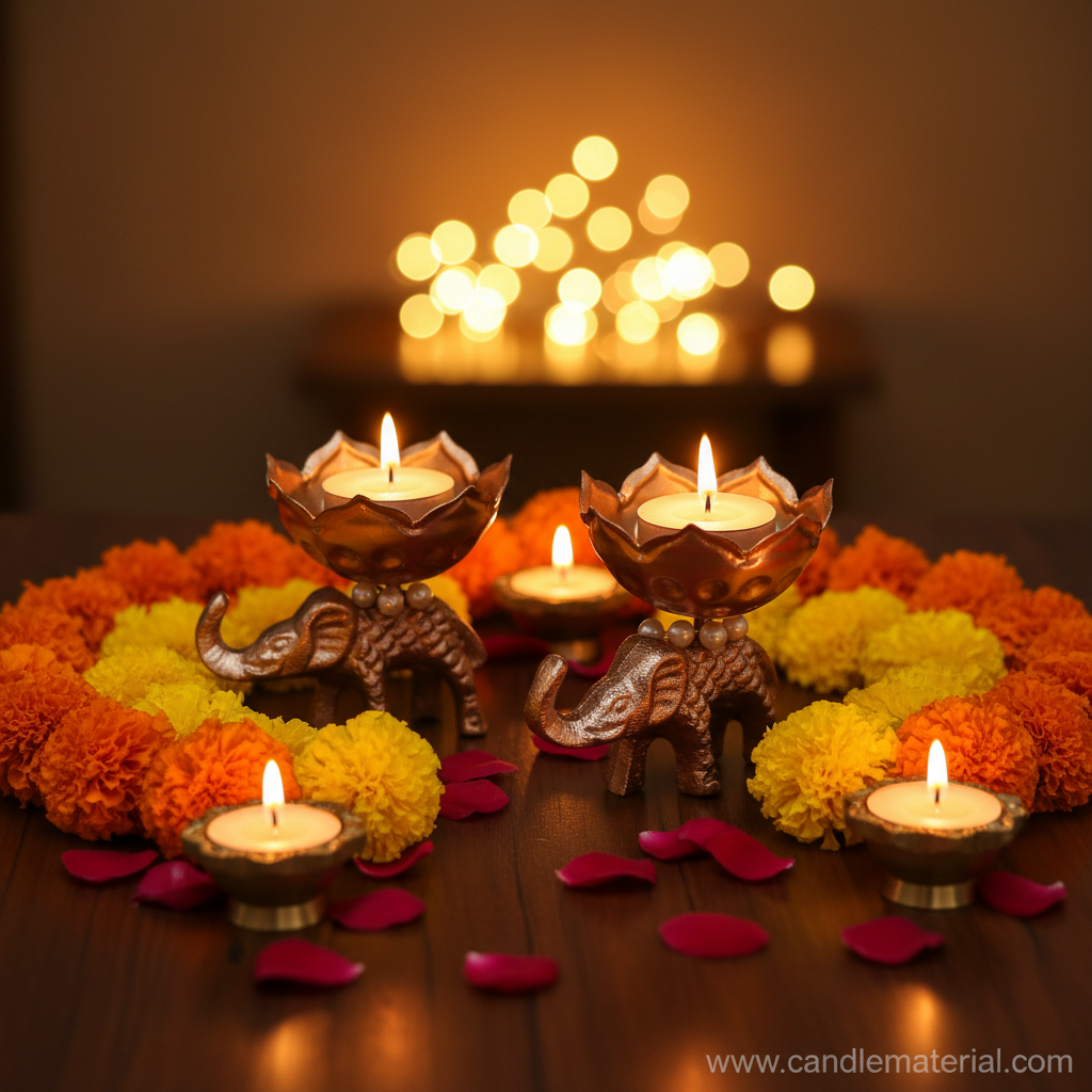 Elephant lotus bud diya holders in festive Diwali setup with marigold garlands