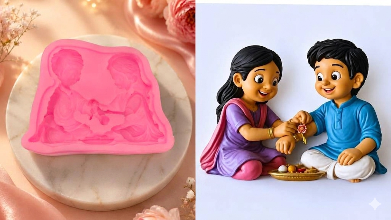 Raksha Bandhan Silicone Mold by Bloom Creations – pink mold and finished resin brother-sister Rakhi figurine