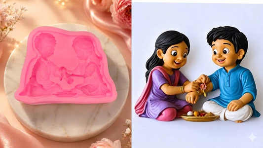 Raksha Bandhan Silicone Mold by Bloom Creations – pink mold and finished resin brother-sister Rakhi figurine