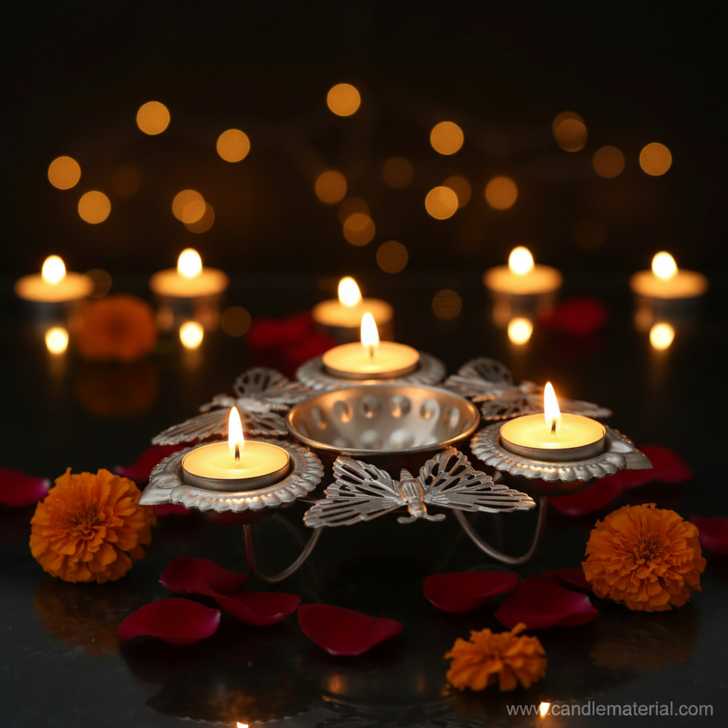 Silver butterfly diya set with glowing tealights, dark moody background with golden bokeh