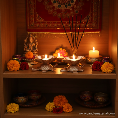 Tortoise lotus diya holders in puja room interior with incense and flowers