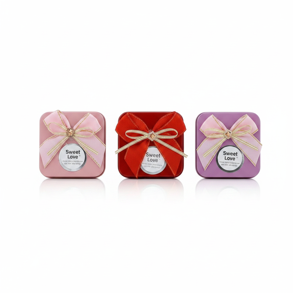 All three Sweet Love ribbon bow candle tin variants in a row on white studio background