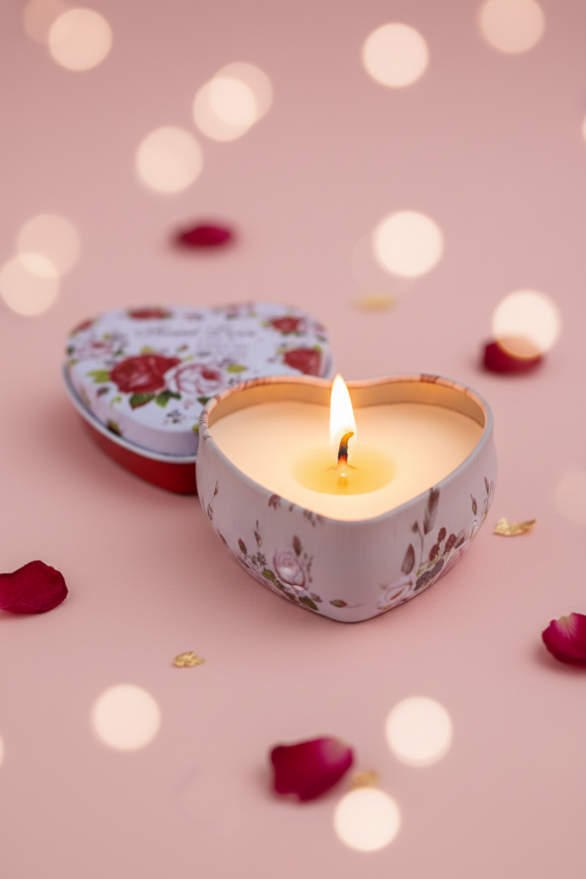 Single Sweet Love heart candle tin hero close-up with glowing flame and rose petals