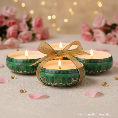 Three Mughal green candle bowls as luxury gift set with pink flowers and gold ribbon