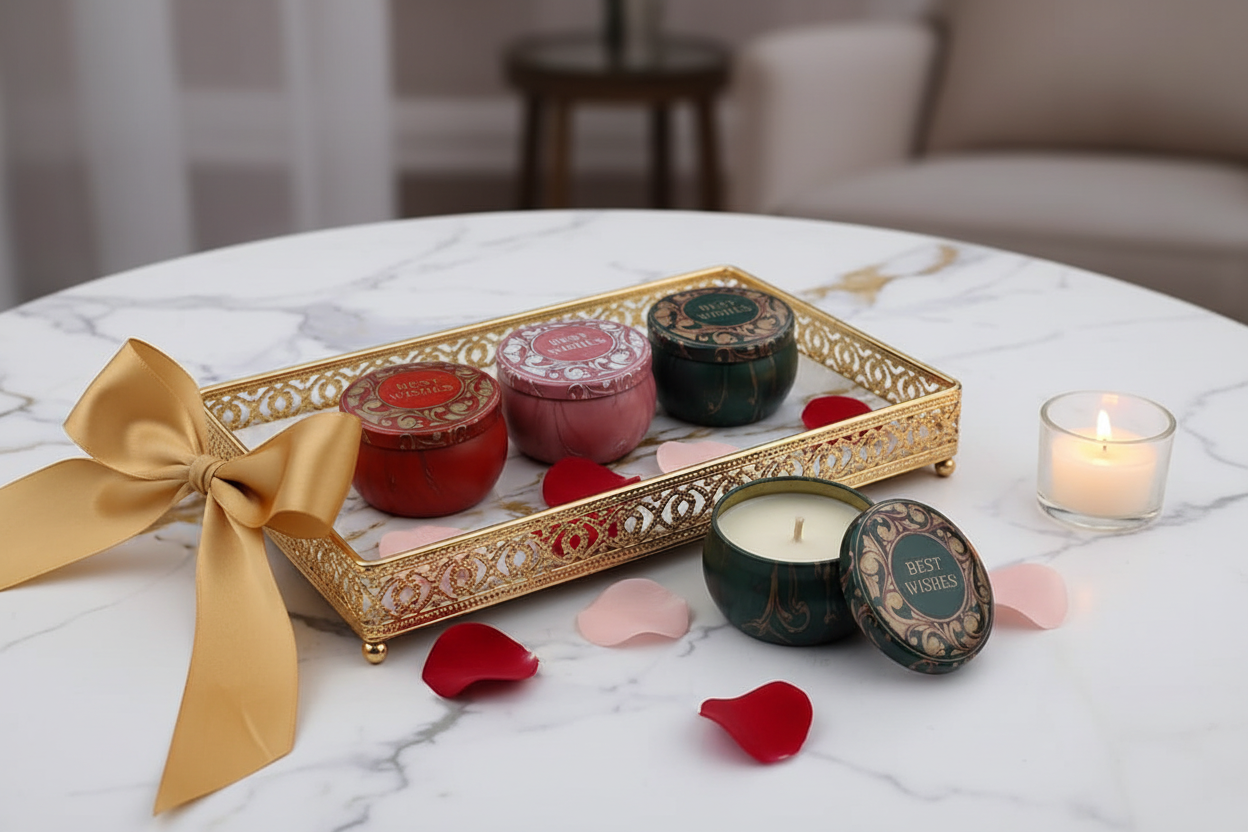 Best Wishes candle tins gift set on gold tray with rose petals