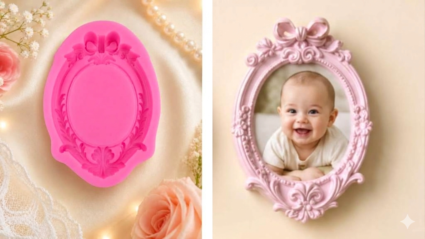 Oval bow silicone frame mold and finished pink resin photo frame