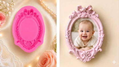 Oval bow silicone frame mold and finished pink resin photo frame