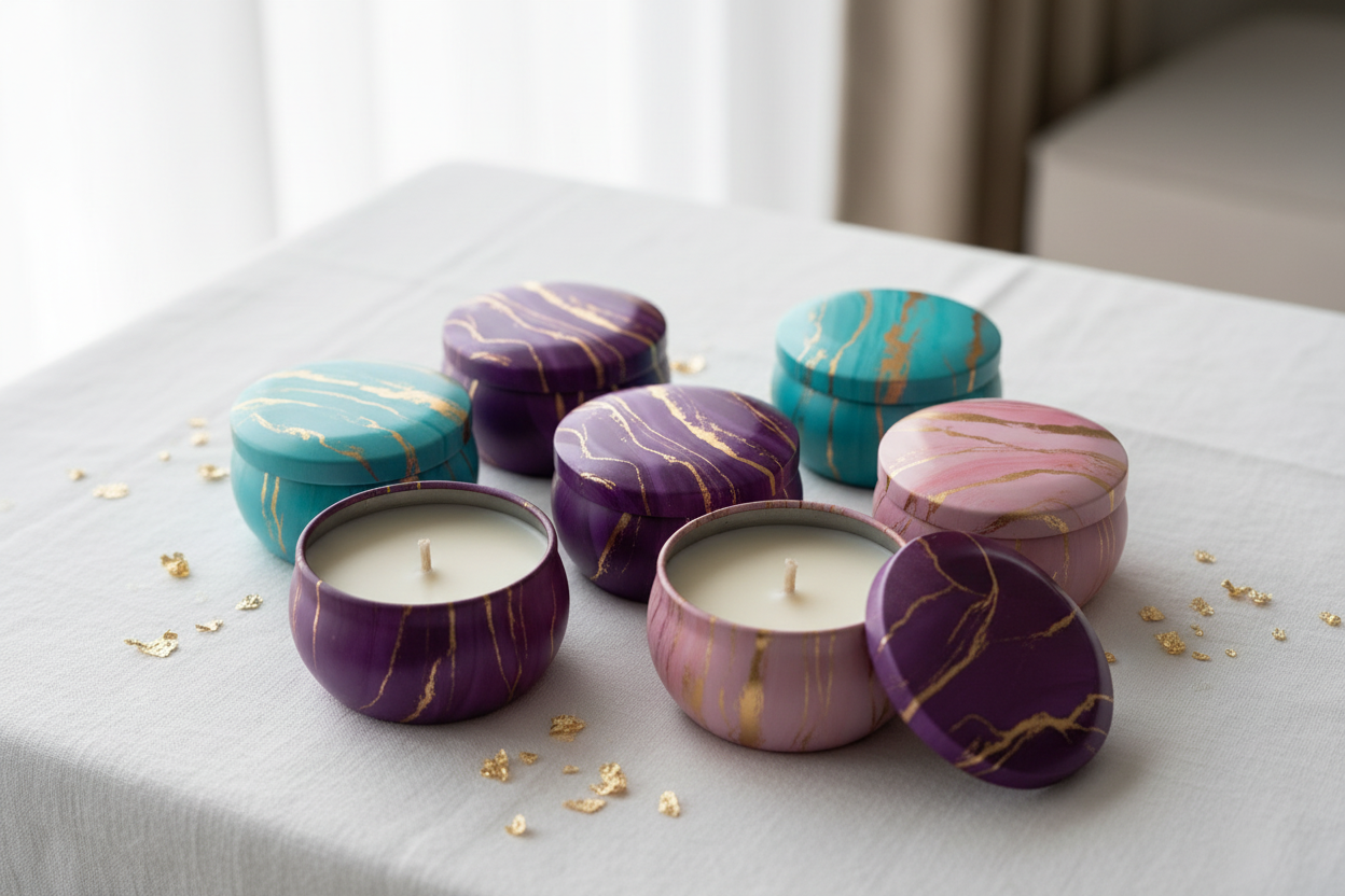 Marble candle tins gift set display on white linen