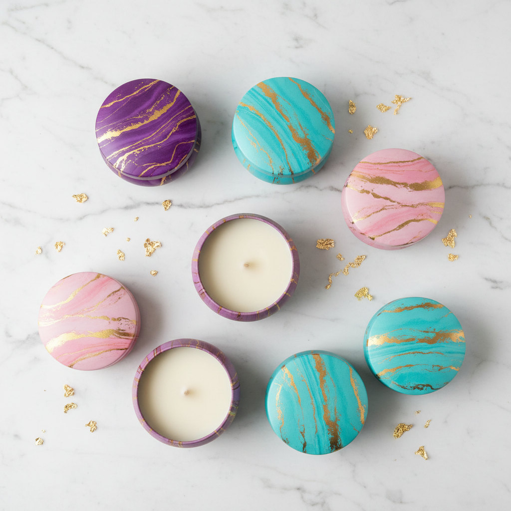 Marble candle tins flat lay on white marble