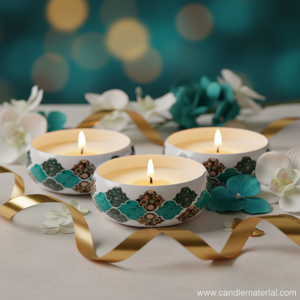 Three teal tile candle bowls as luxury gift set with teal flowers and gold ribbon