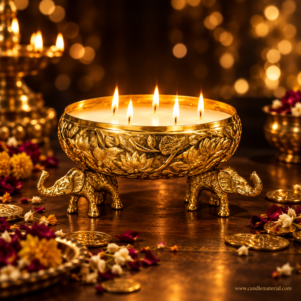 Gold elephant urli candle vessel with glowing multi-wick candle, dark moody background with golden bokeh