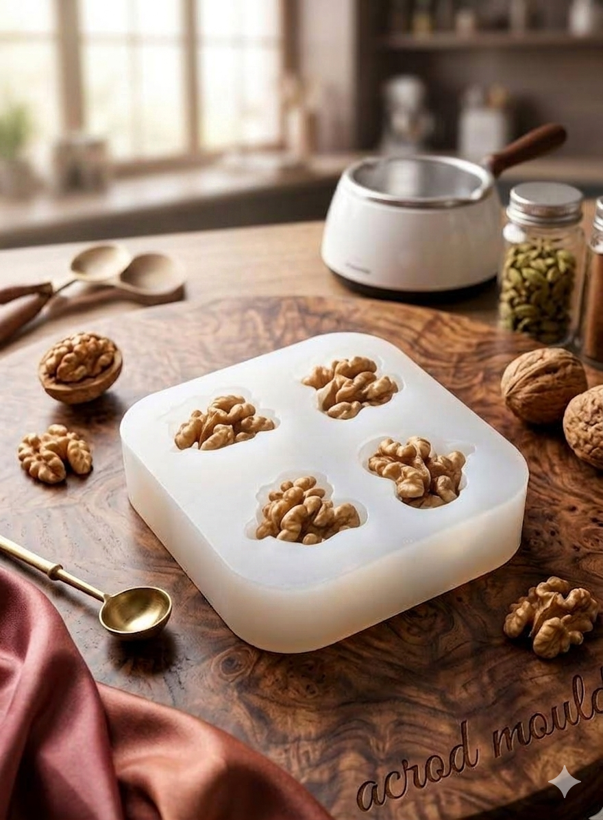 Akhrot Walnut Candle Silicone Mold by Bloom Creations – 4-cavity white mold with real walnuts displayed on wooden surface