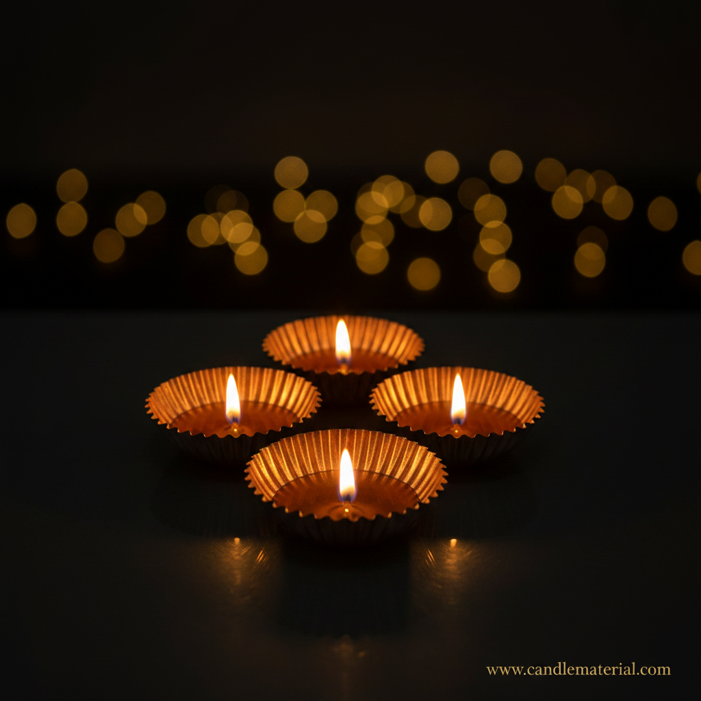 Copper gold diya bowls with lit candles, dark moody background with bokeh