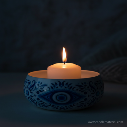 Evil eye candle bowl with lit candle, dark moody background