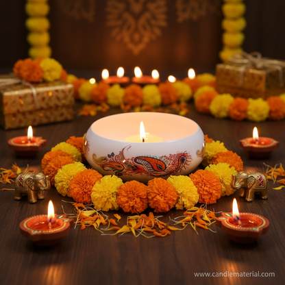 Paisley candle bowl in festive Diwali gifting setup with marigolds