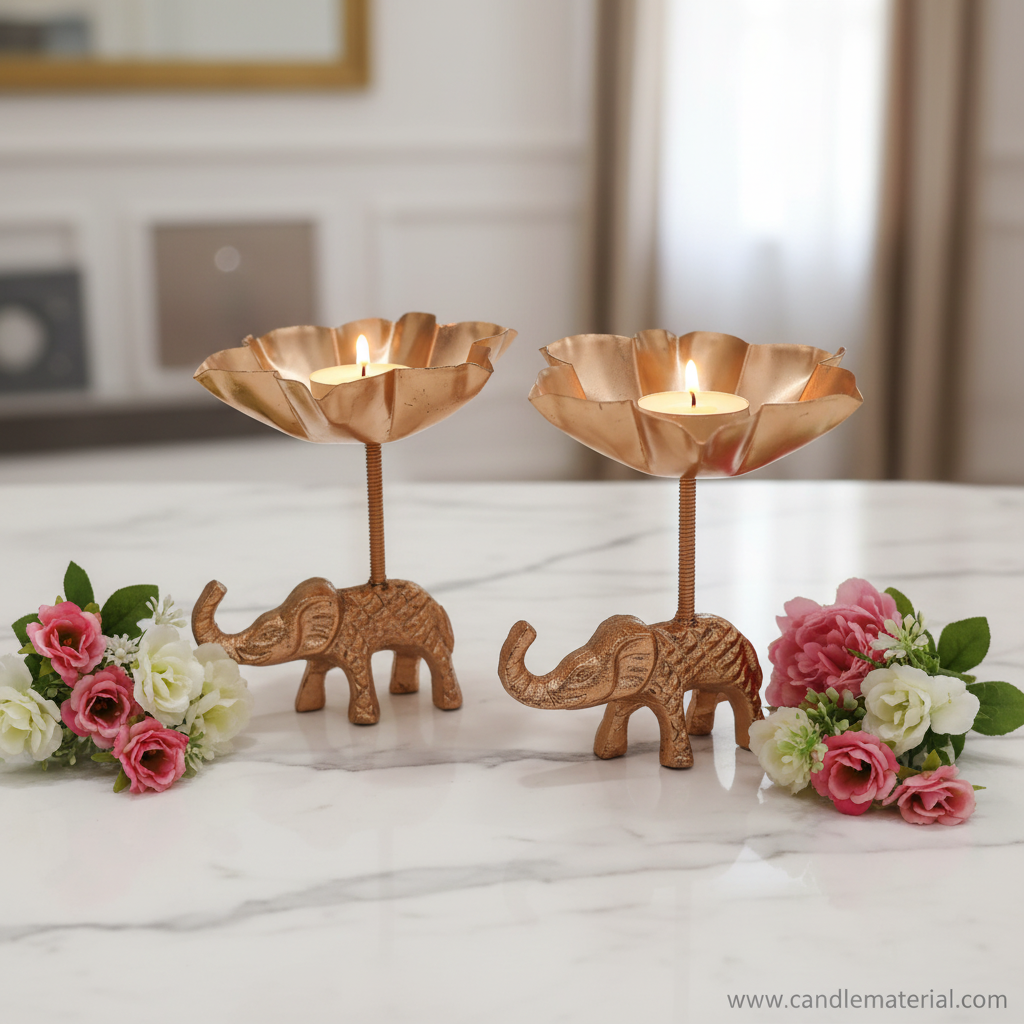Elephant tall stem lotus diya holders with lit candles on marble with pink flowers