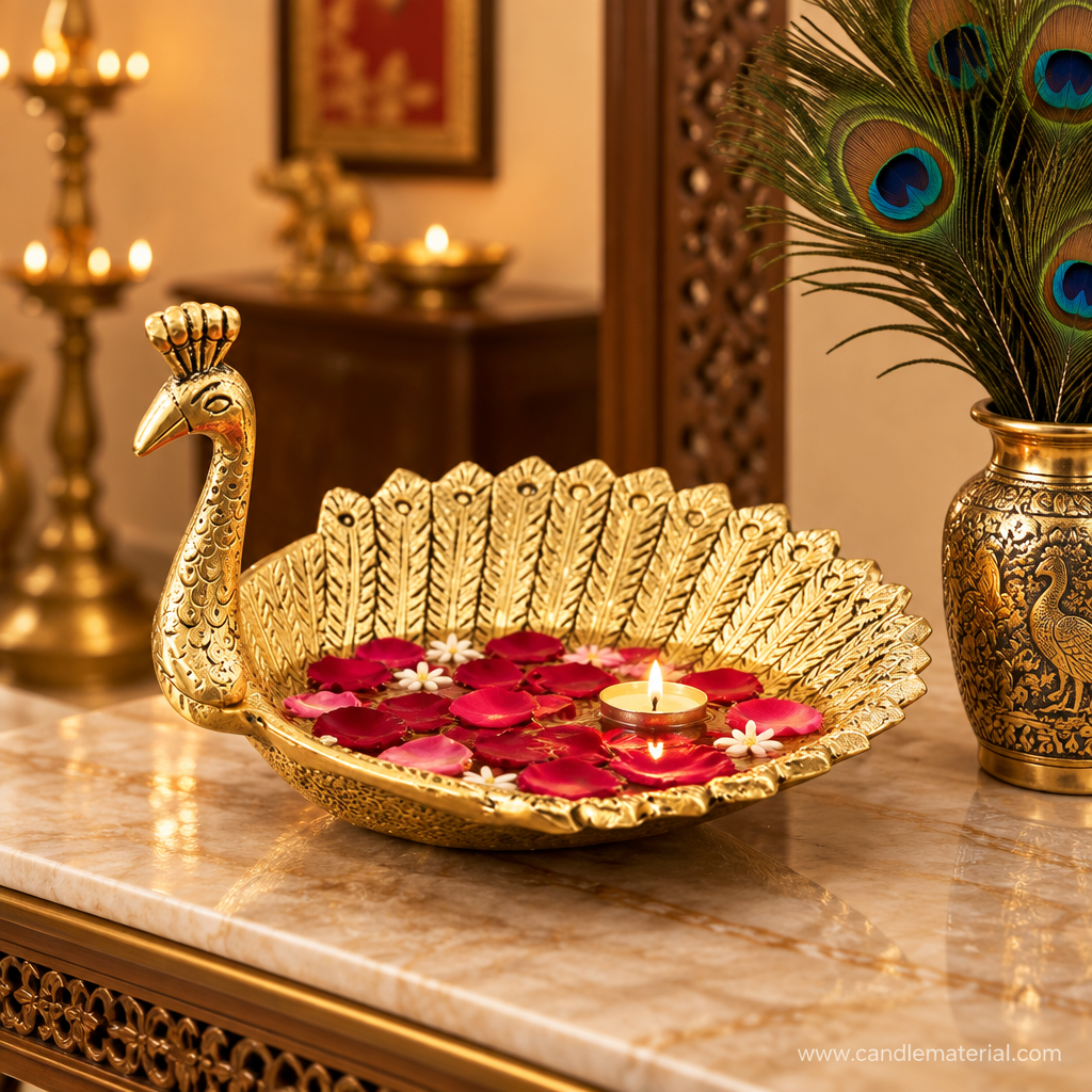 Gold peacock tray on marble console table with floating rose petals in luxury Indian home interior