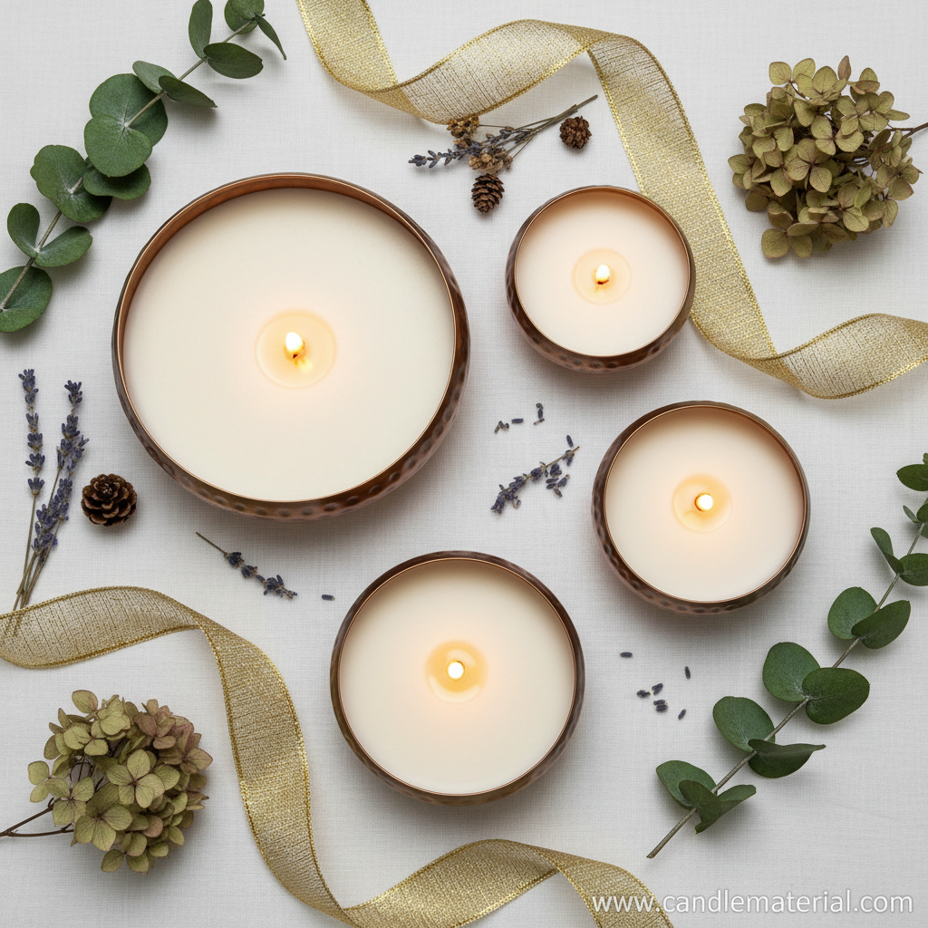 Flat lay of hammered copper bowls with candles and botanical styling
