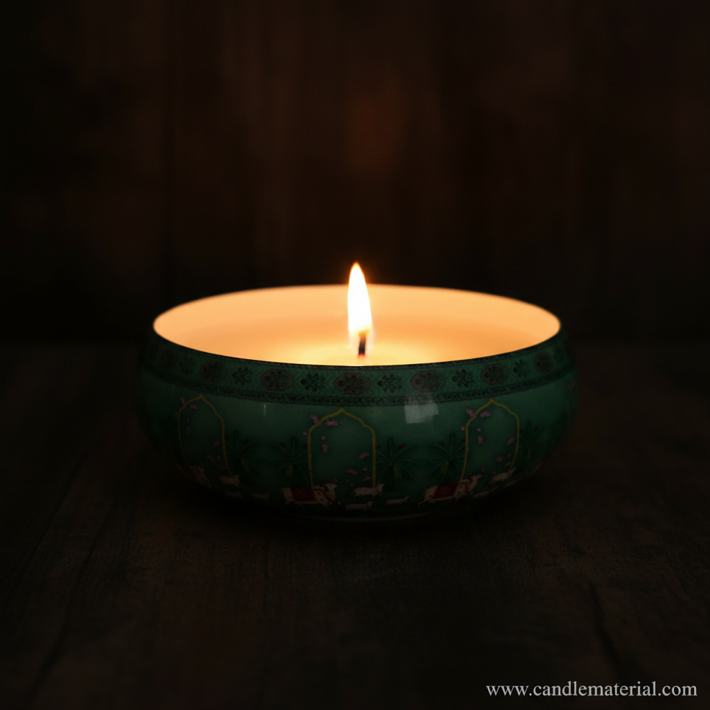 Mughal green candle bowl with lit candle, dark moody background