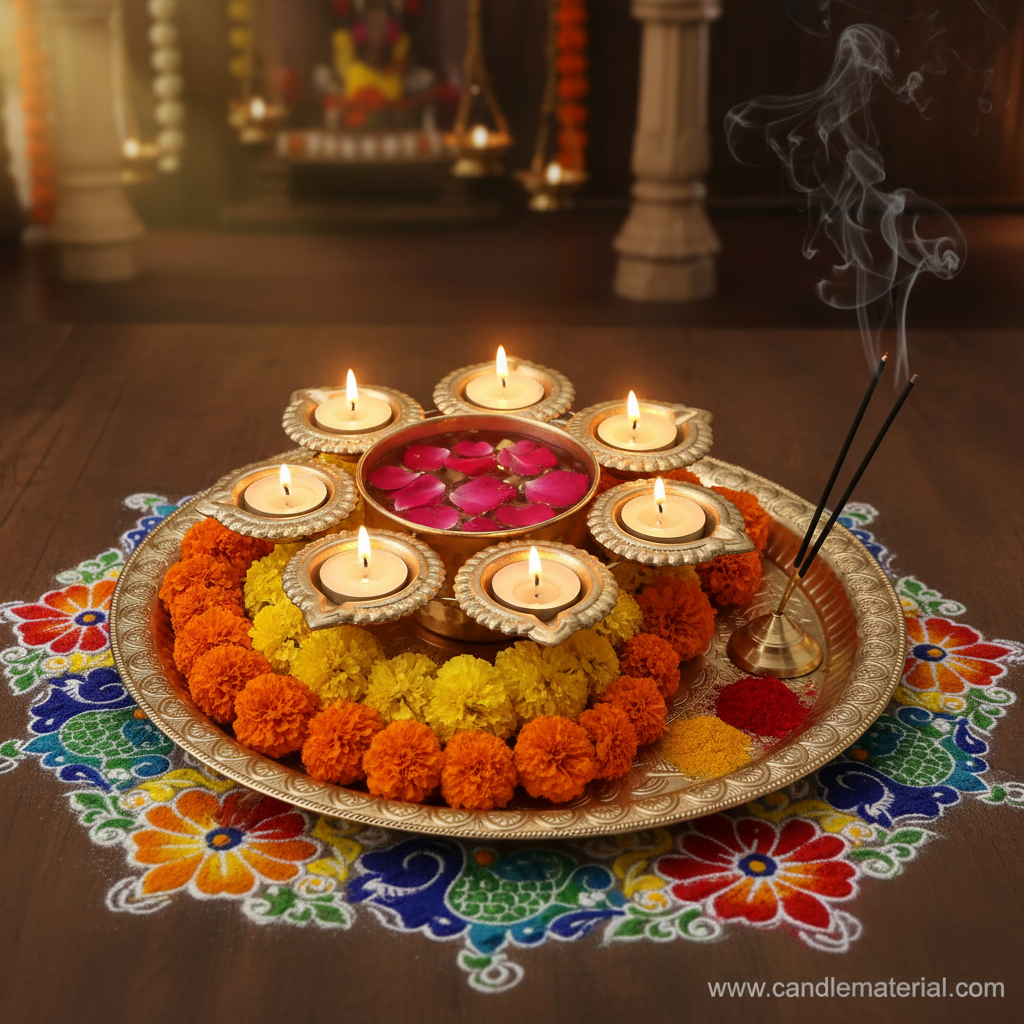 Gold 6-diya urli on pooja thali with floating rose petals, marigold garland and incense