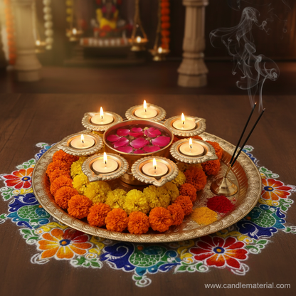 Gold 6-diya urli on pooja thali with floating rose petals, marigold garland and incense